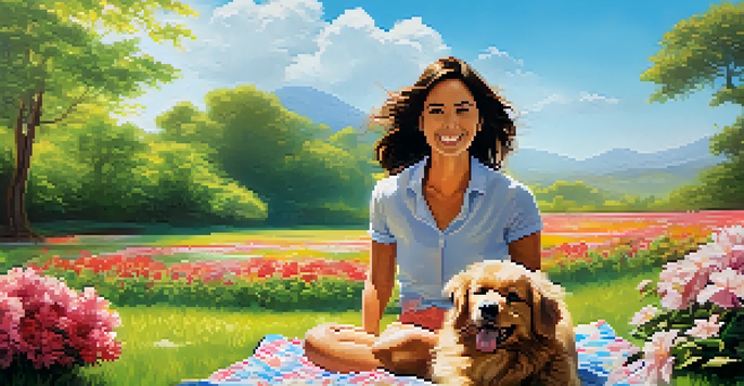 A woman enjoys a sunny day in a park with her playful dog, surrounded by flowers and greenery in Peru.