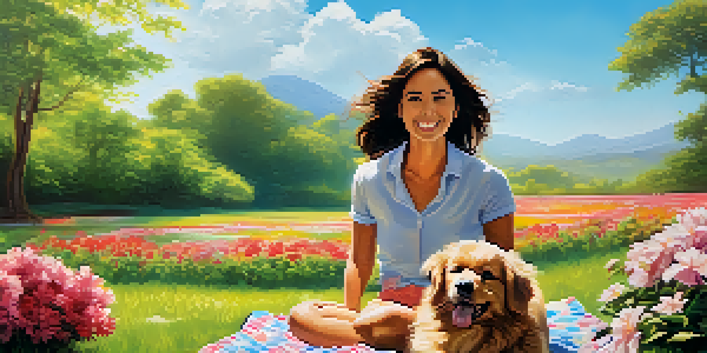 A woman enjoys a sunny day in a park with her playful dog, surrounded by flowers and greenery in Peru.