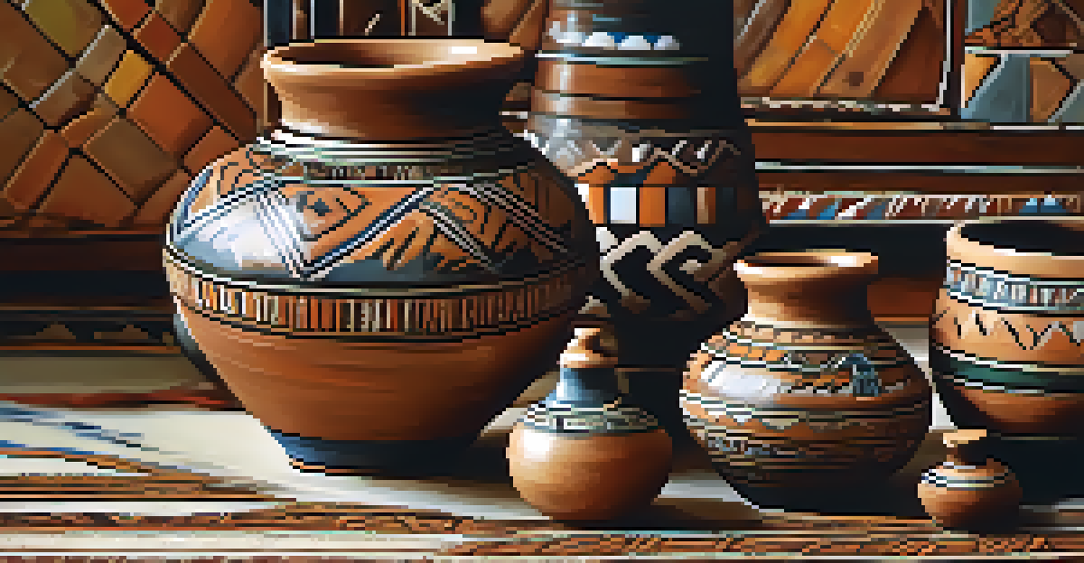 Close-up of an intricately designed Andean pottery piece on a wooden table, surrounded by natural elements.