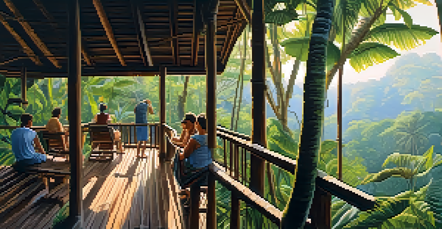 A diverse group of visitors observing wildlife from an accessible viewpoint in Tambopata National Reserve surrounded by lush rainforest.