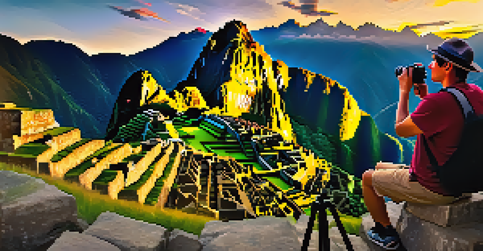 A traveler with a camera and tripod captures the beauty of Machu Picchu during golden hour, with the ruins and mountains in the background.