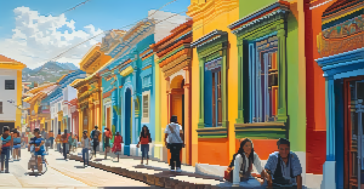 A traveler admiring a colorful mural in a busy street in a Peruvian city with diverse architecture.