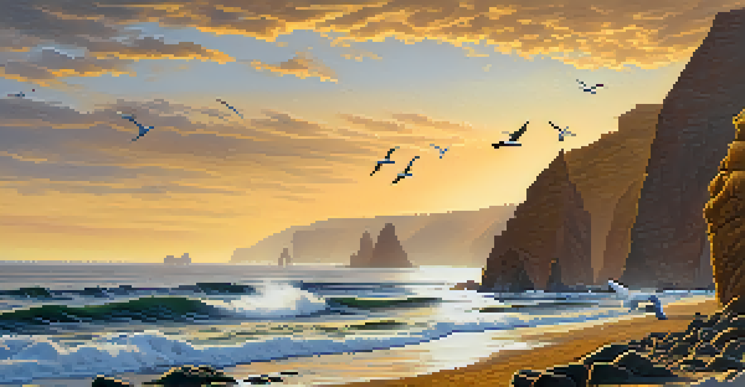 Dramatic cliffs by the ocean at Paracas National Reserve, with seabirds flying and a sunset casting golden light over the scenery.