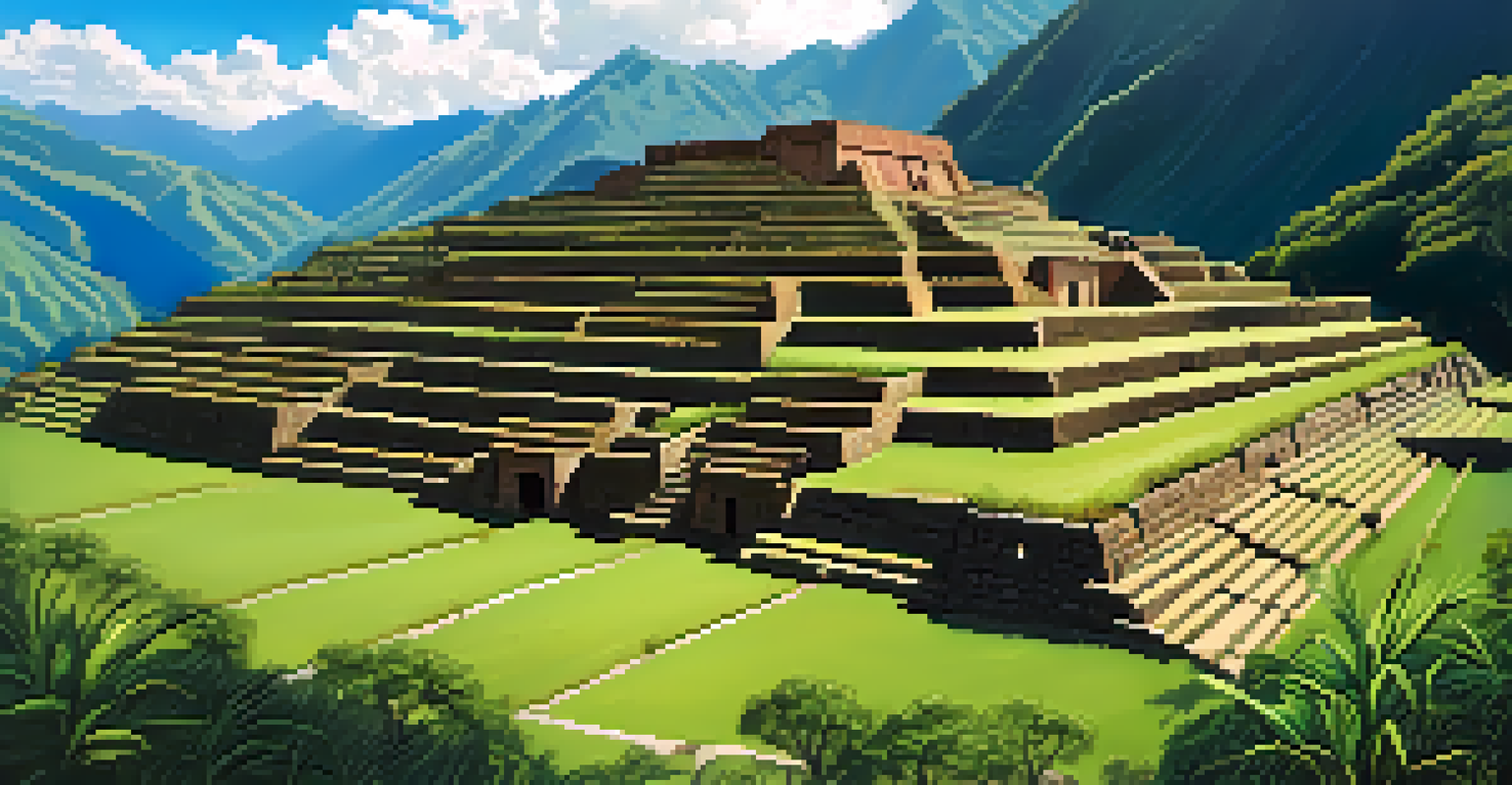 The Incan ruin Llactapata surrounded by lush vegetation and terraced fields, under a clear blue sky.