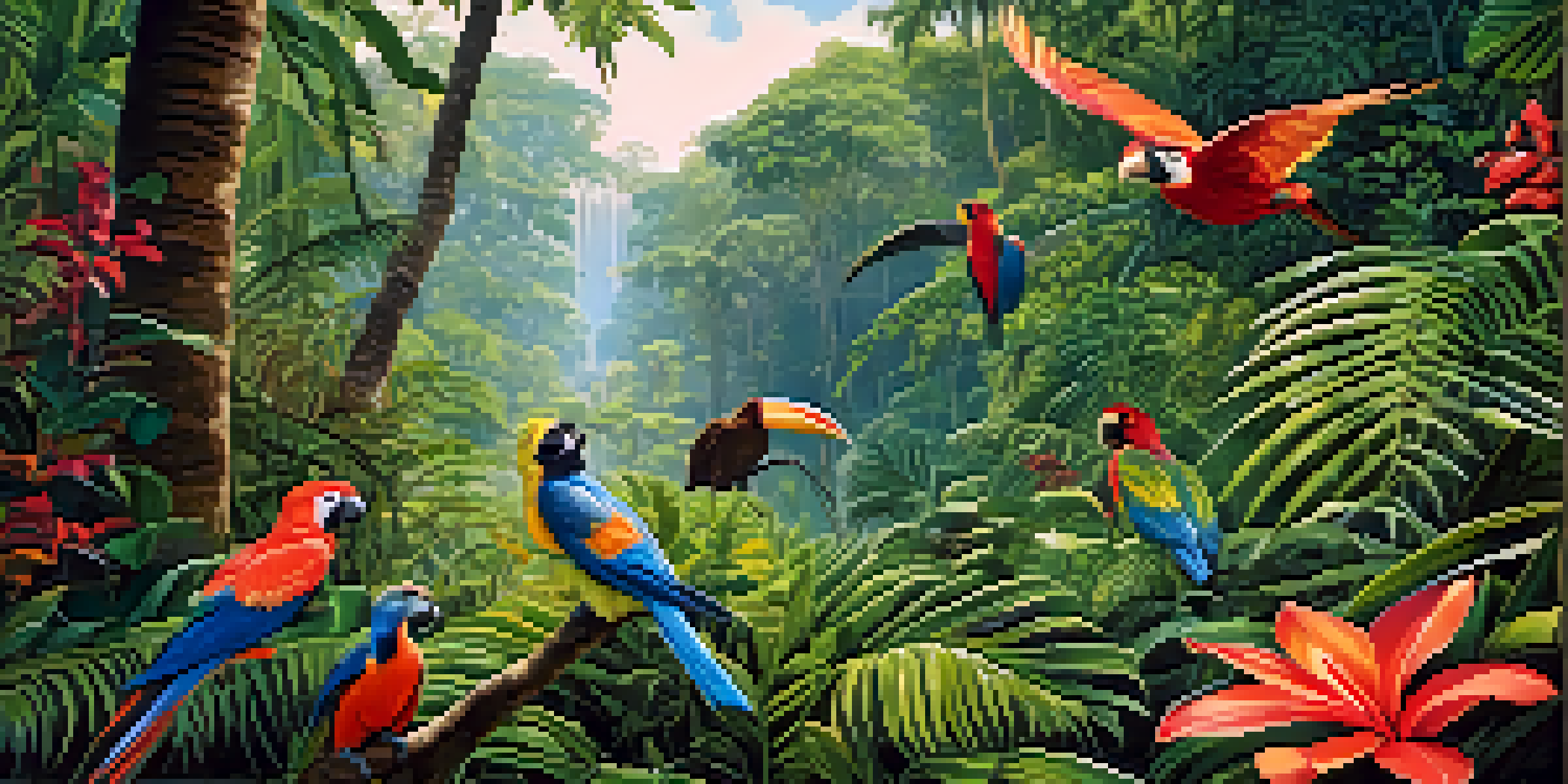 A group of eco-tourists in the Amazon rainforest, surrounded by lush greenery and colorful wildlife, with a local guide pointing towards a tree.