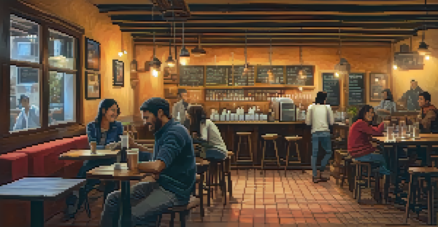 A warm and inviting café in Cusco with locals and travelers enjoying conversations at communal tables and a barista preparing coffee.