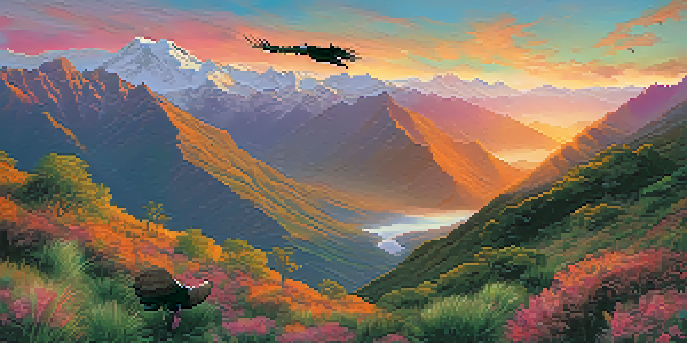 A panoramic view of the Andes mountains during sunrise with an Andean condor soaring in the foreground.
