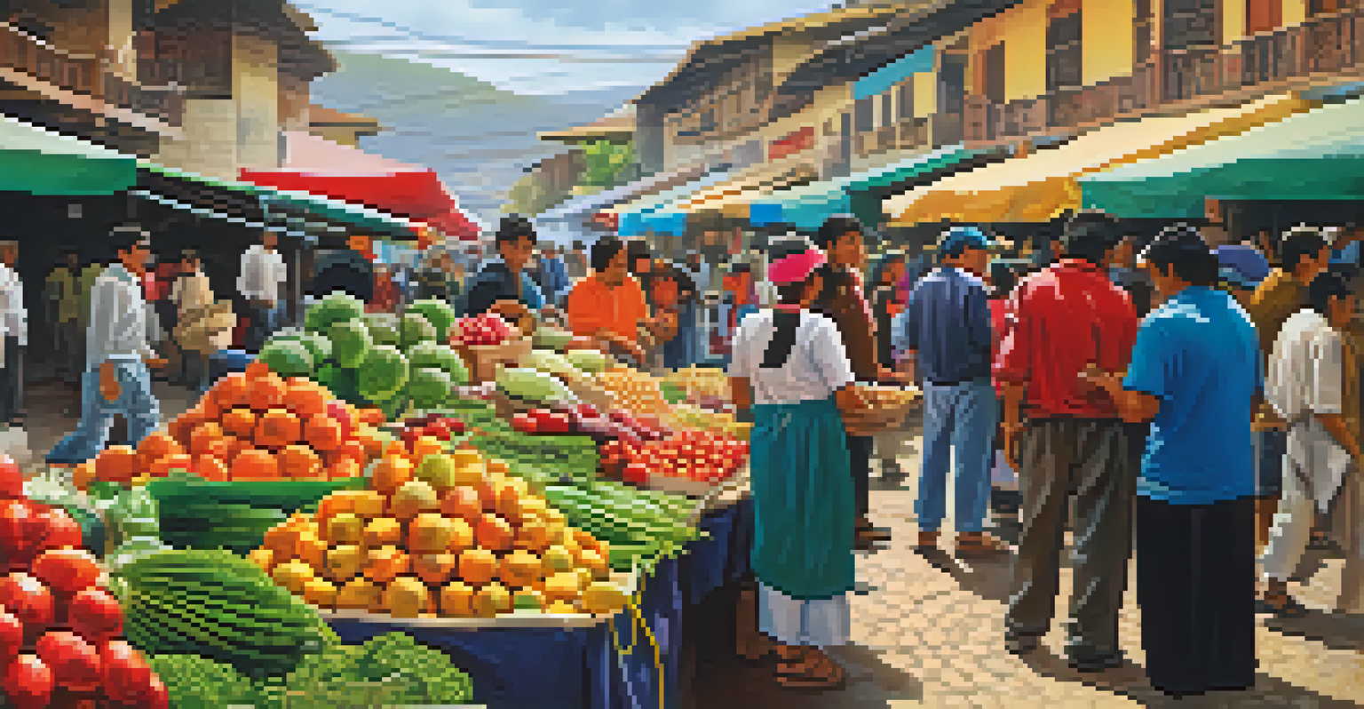 A lively local market in Peru filled with colorful stalls of fresh produce and traditional dishes, with people interacting.
