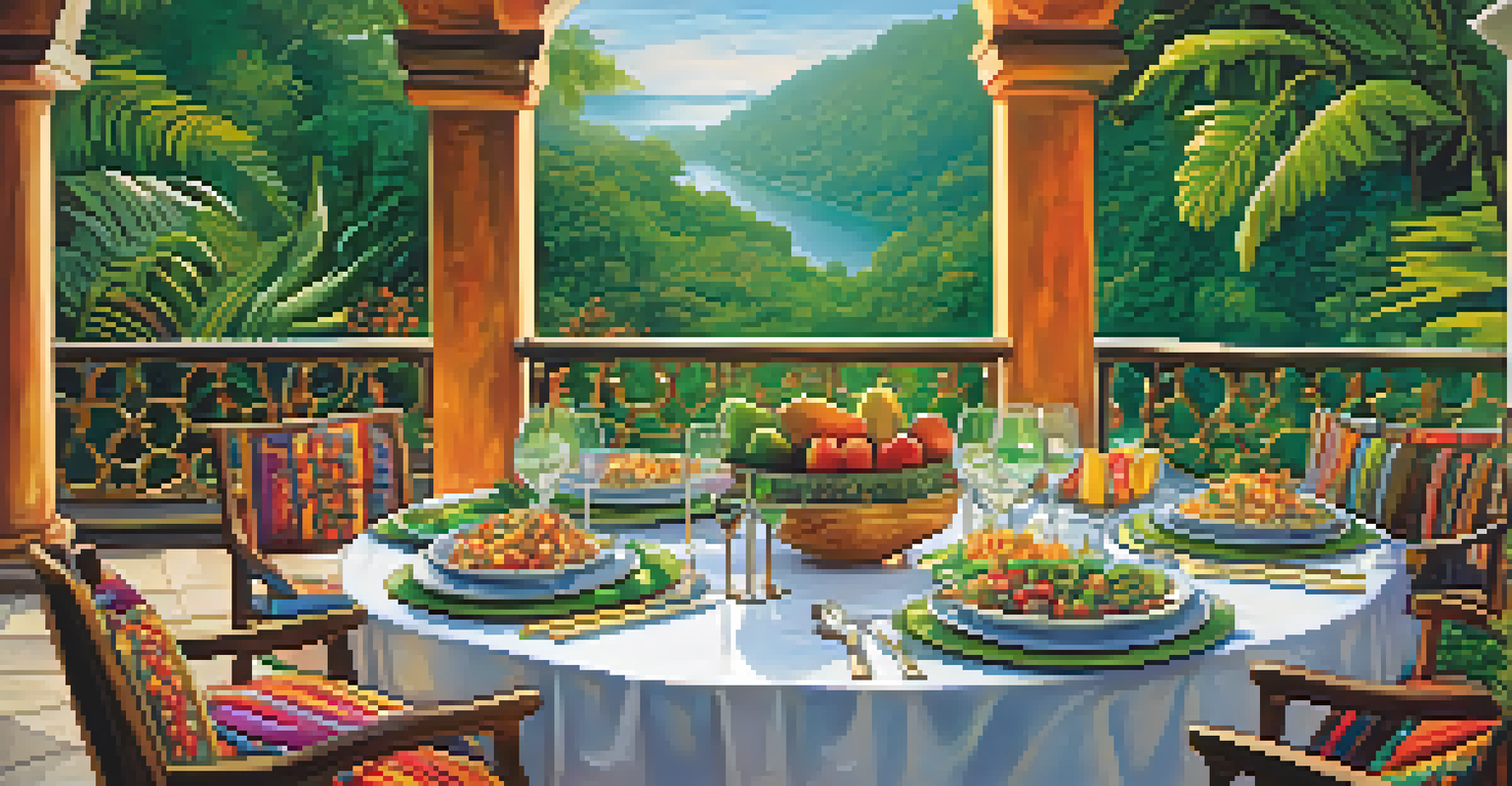 An outdoor dining setup on a terrace, featuring a gourmet meal and colorful textiles, overlooking the Amazon rainforest.