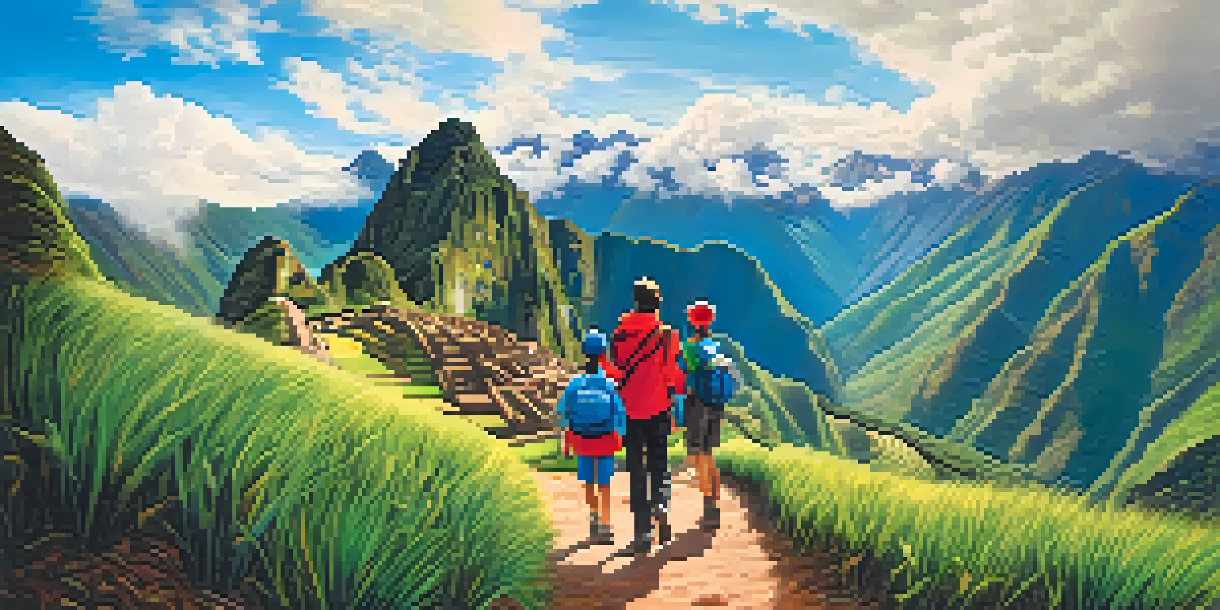 A family hiking in the Sacred Valley with mountains and ancient ruins in the background.