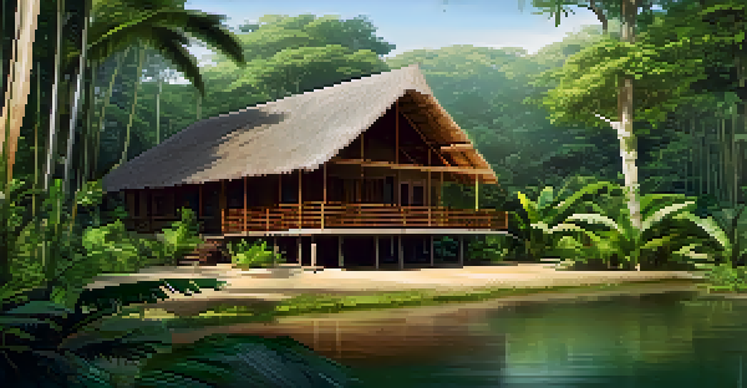 An eco-lodge in the Amazon rainforest surrounded by lush vegetation and sunlight filtering through trees.