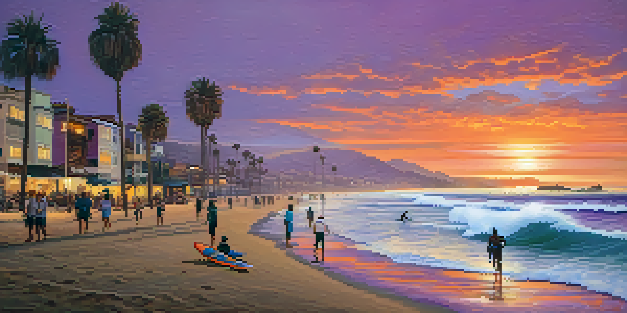 A beautiful sunset over Punta Hermosa Beach in Peru, with surfers riding waves and palm trees in the foreground.