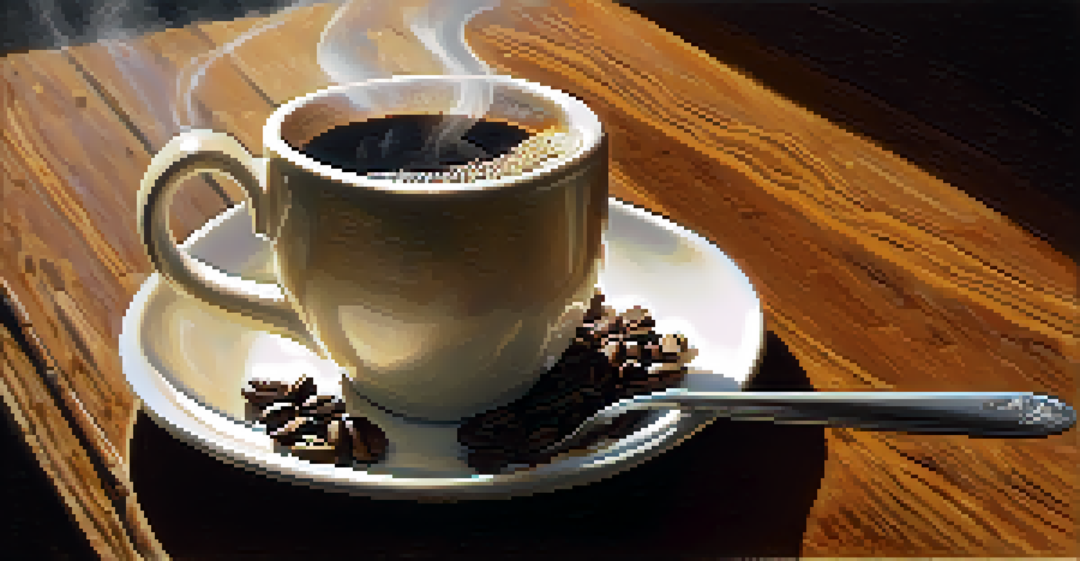 A close-up of a steaming cup of Peruvian coffee on a wooden table, surrounded by coffee beans and a notebook.