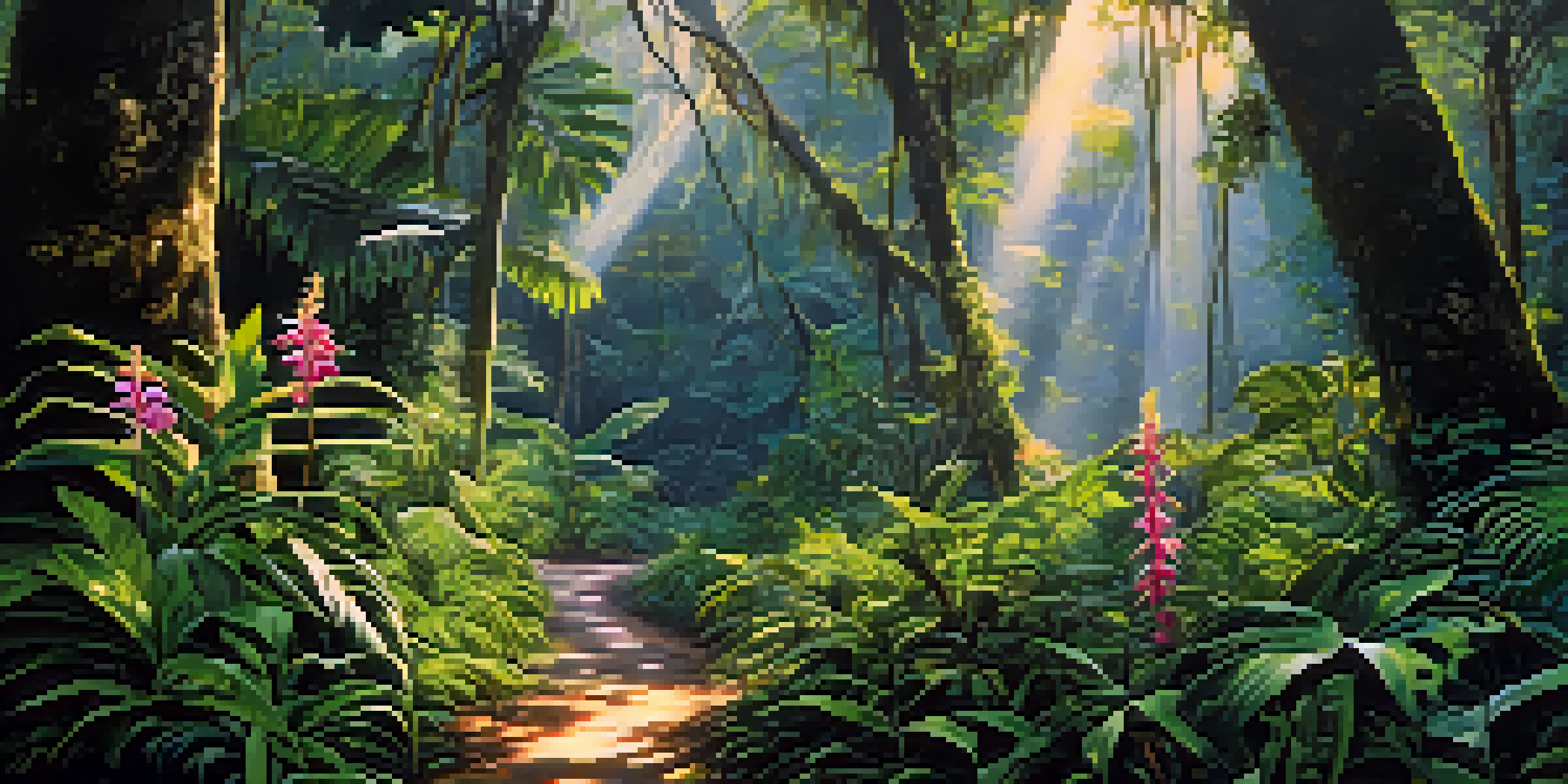 A vibrant Amazon rainforest scene with tall trees and colorful flowers, illuminated by sunlight filtering through the leaves.