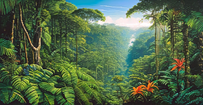 A colorful and lively depiction of the Amazon rainforest, filled with tall trees, tropical birds, and sunlight filtering through the leaves.