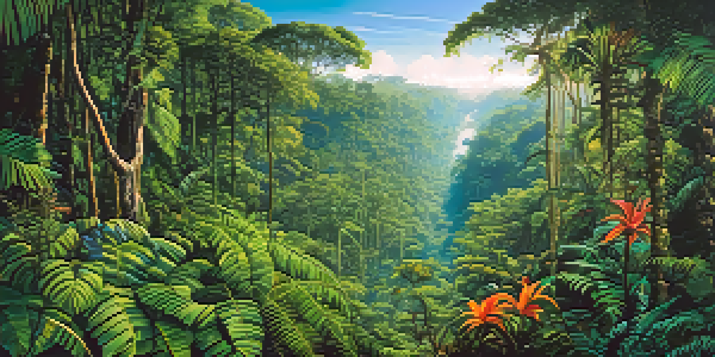 A colorful and lively depiction of the Amazon rainforest, filled with tall trees, tropical birds, and sunlight filtering through the leaves.