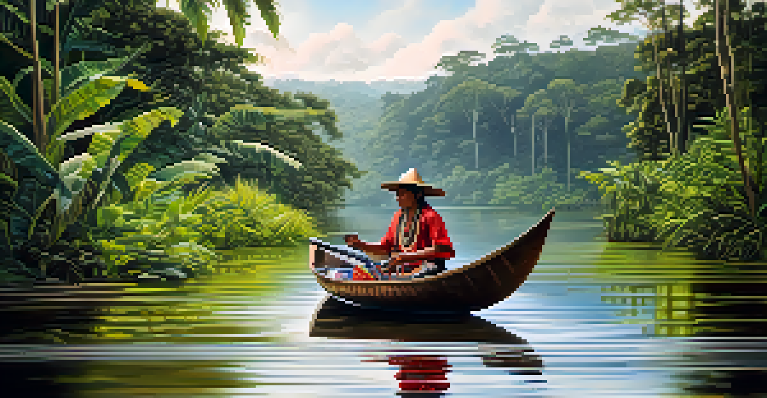 An indigenous person in a traditional canoe fishing sustainably on a river in the Amazon, surrounded by lush green trees.