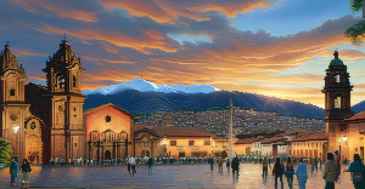 A panoramic view of Cusco's historic city center at sunset, with tourists and local artisans.