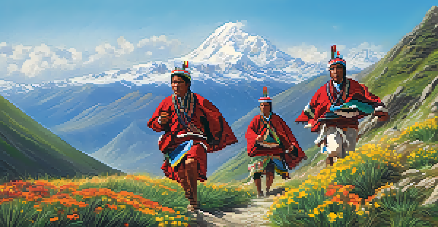 Inca runners known as chasquis racing along a mountain path, dressed in traditional attire and carrying quipu.