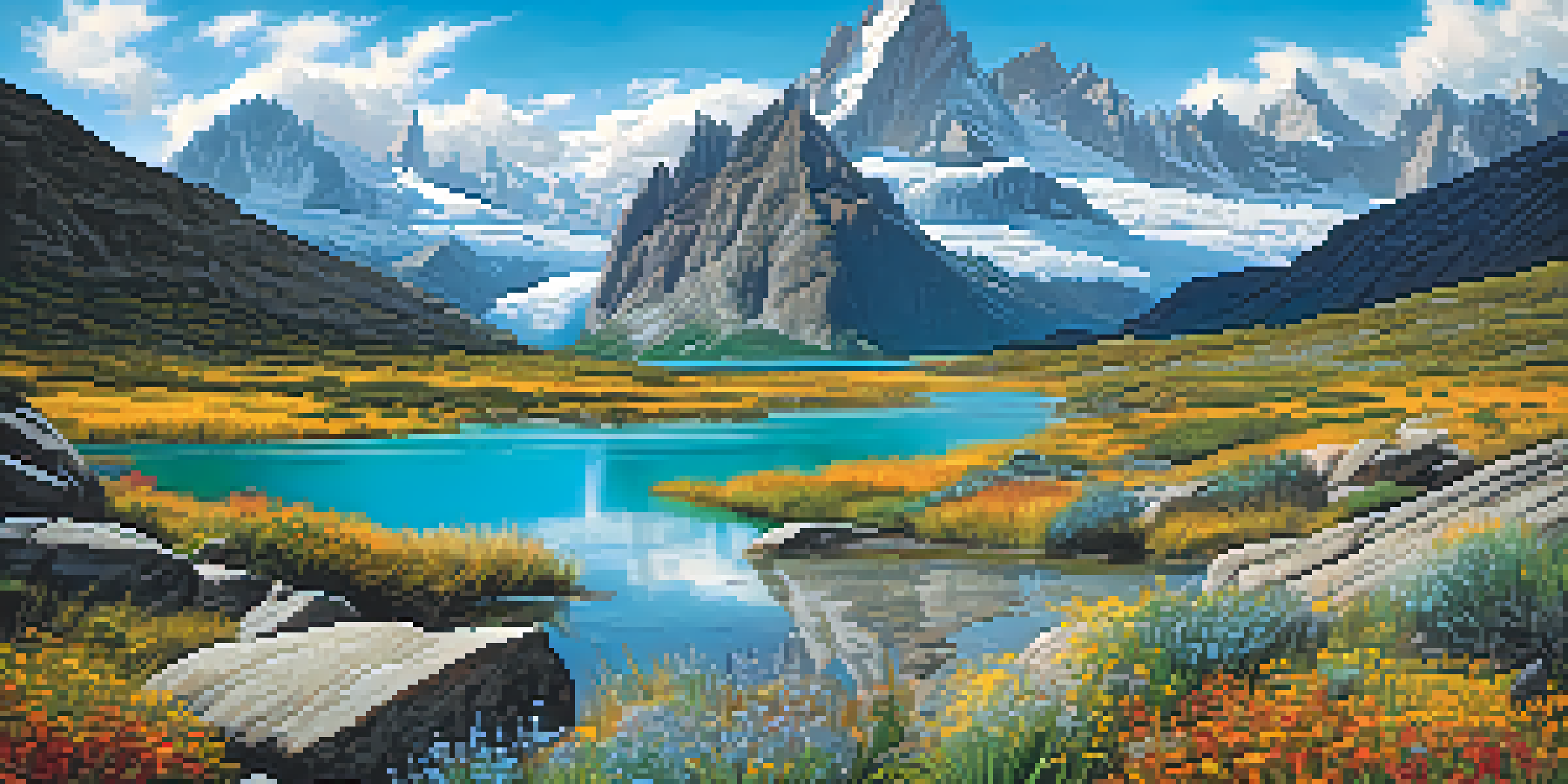A stunning landscape of Huascarán National Park with granite peaks and glacial lakes, featuring blooming wildflowers and hikers on a trail.