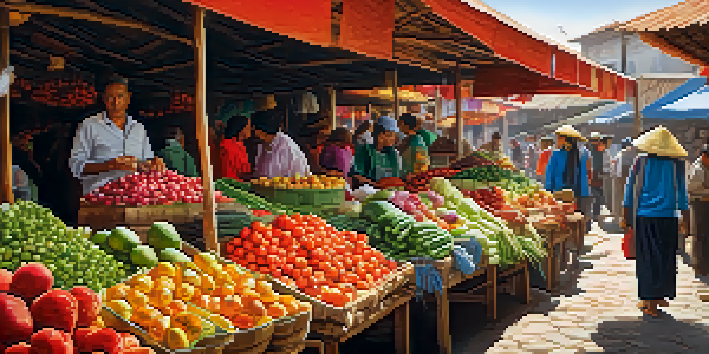 A lively Peruvian market filled with colorful fruits and vegetables, local vendors, and traditional textiles under a sunny sky.