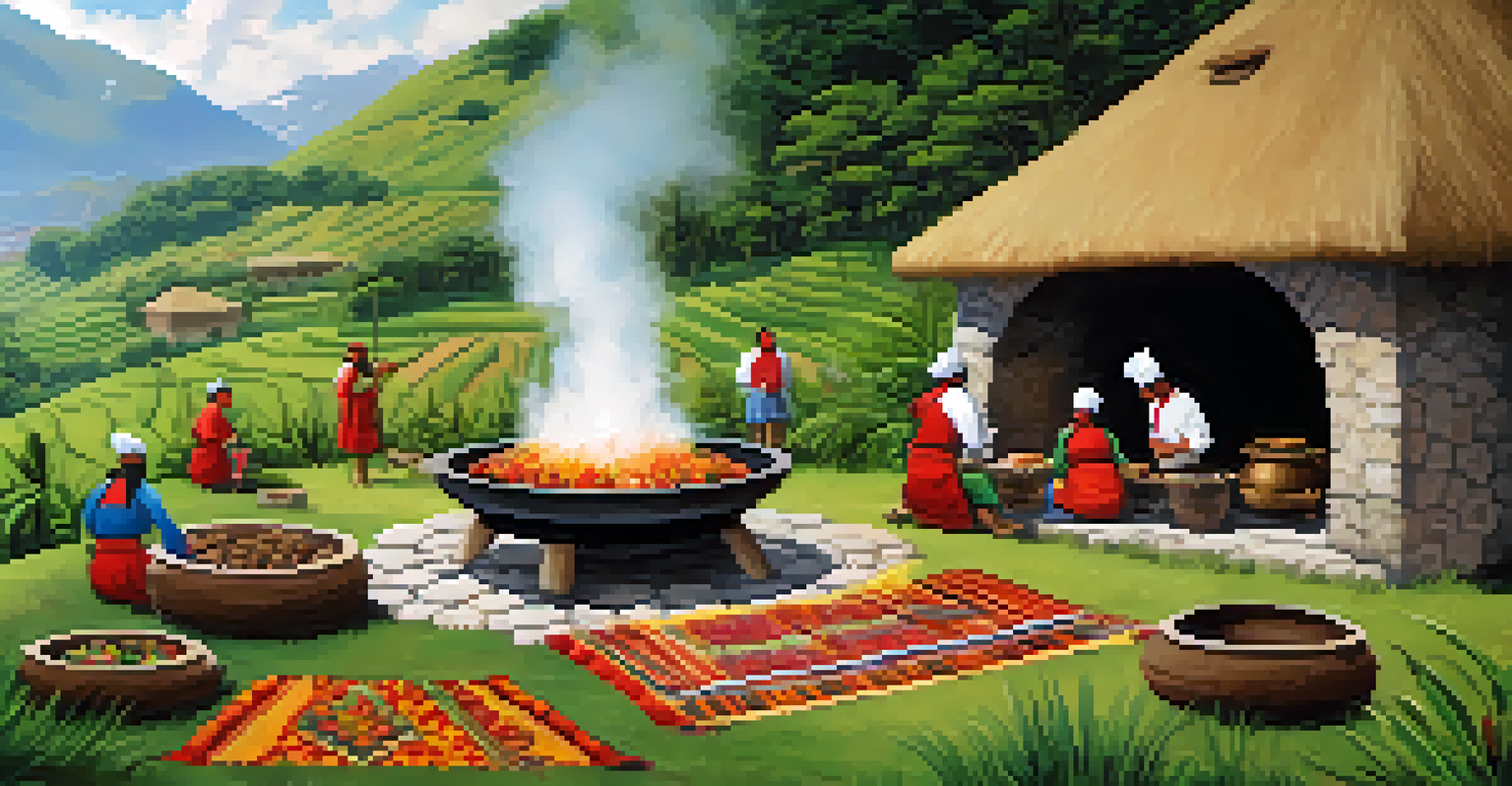 A traditional Peruvian pachamanca cooking scene with an underground oven and chefs preparing food in a lush outdoor setting.