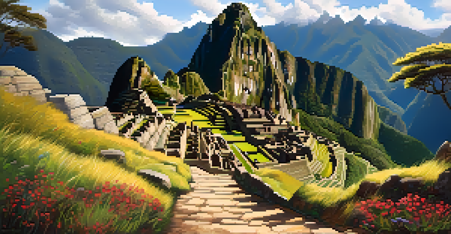 Pathway through the ruins of Machu Picchu lined with wildflowers and stone walls, illuminated by soft sunlight.