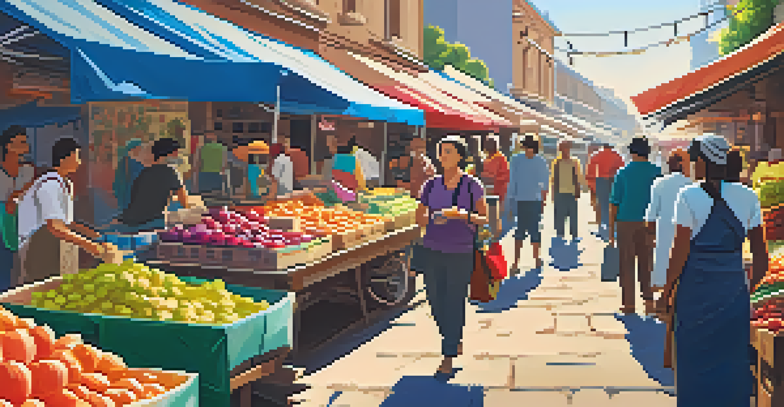 A lively local market with travelers and vendors, showcasing colorful stalls and promoting sustainability.