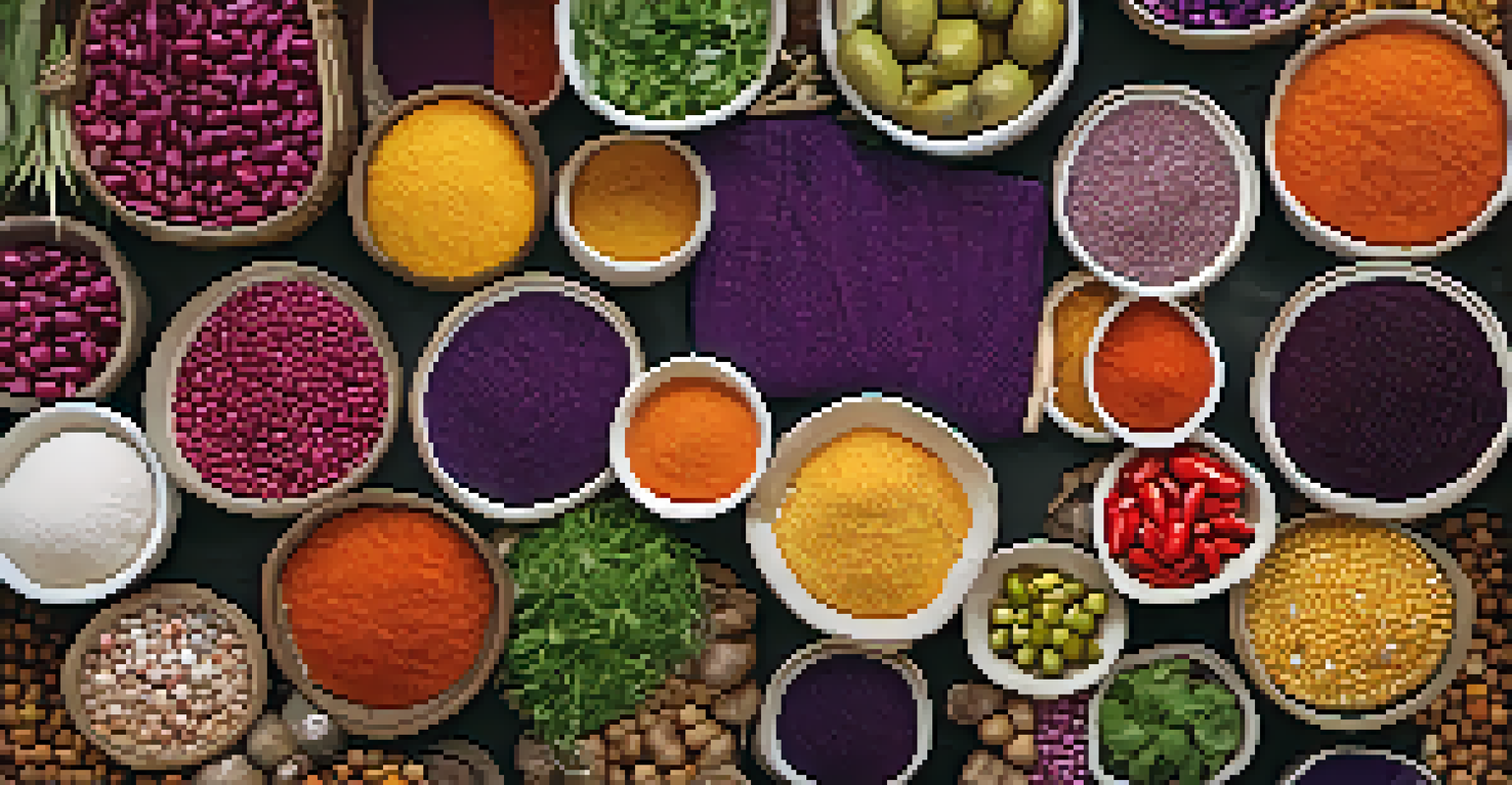 An overhead view of a Peruvian market stall filled with colorful ingredients like purple corn and aji peppers, surrounded by traditional textiles.