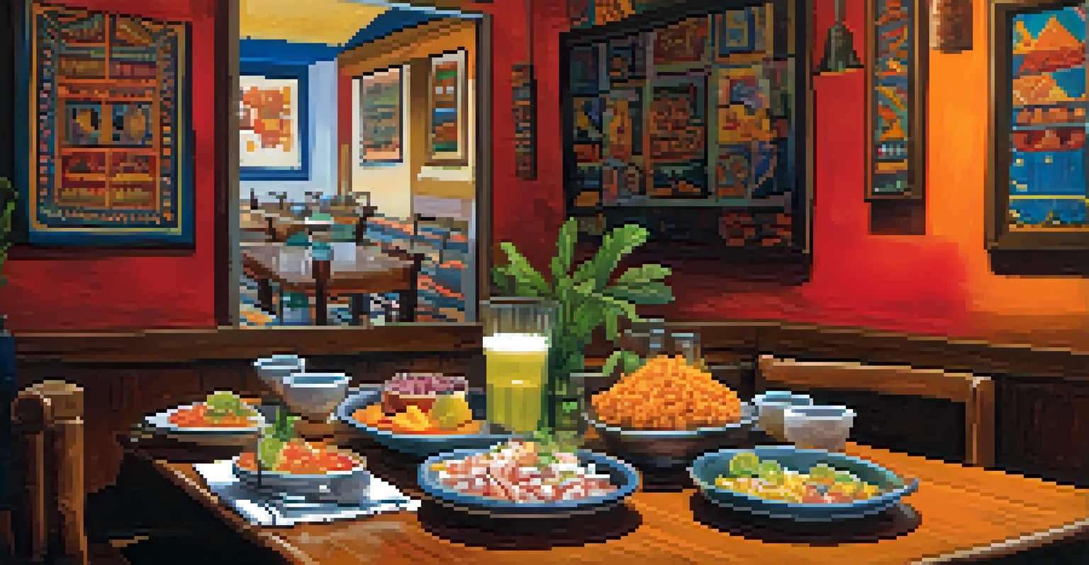A cozy Peruvian restaurant table set with traditional dishes like ceviche and anticuchos, with dim lighting and colorful textiles in the background.