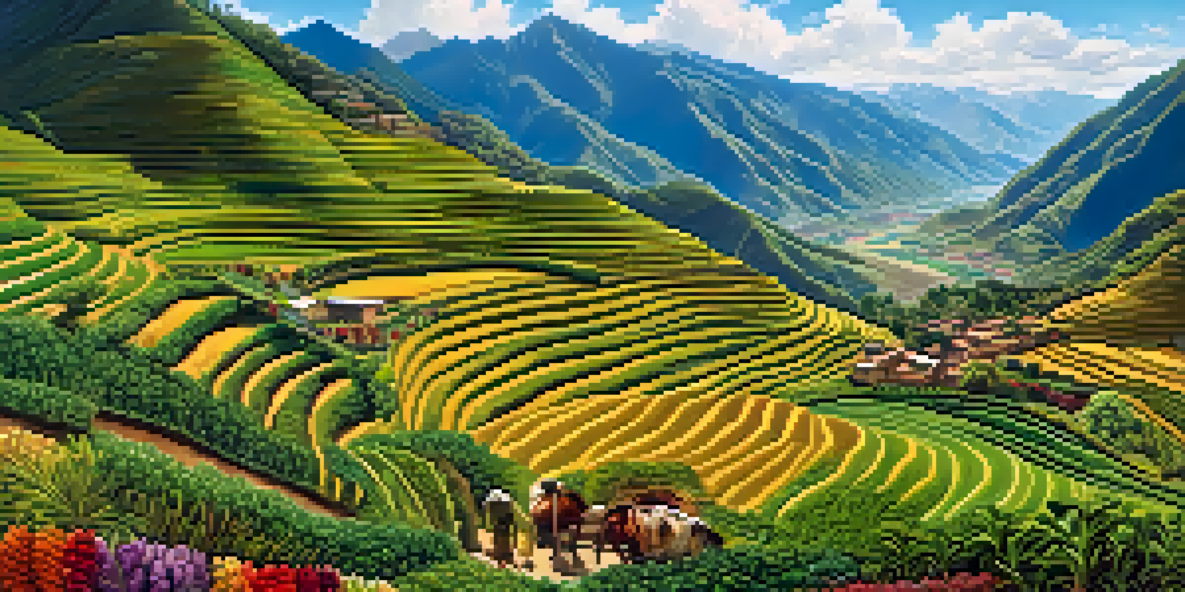 A panoramic view of Peru's mountainous landscape with green valleys and terraced fields, featuring local farmers harvesting quinoa under a blue sky.