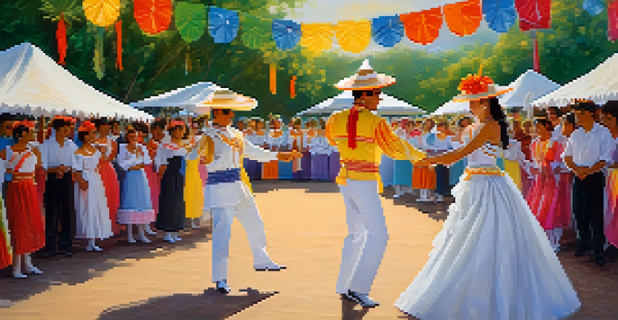 A Marinera dance performance with a male dancer in white and a female dancer in a colorful dress, surrounded by an audience in a festive outdoor setting.
