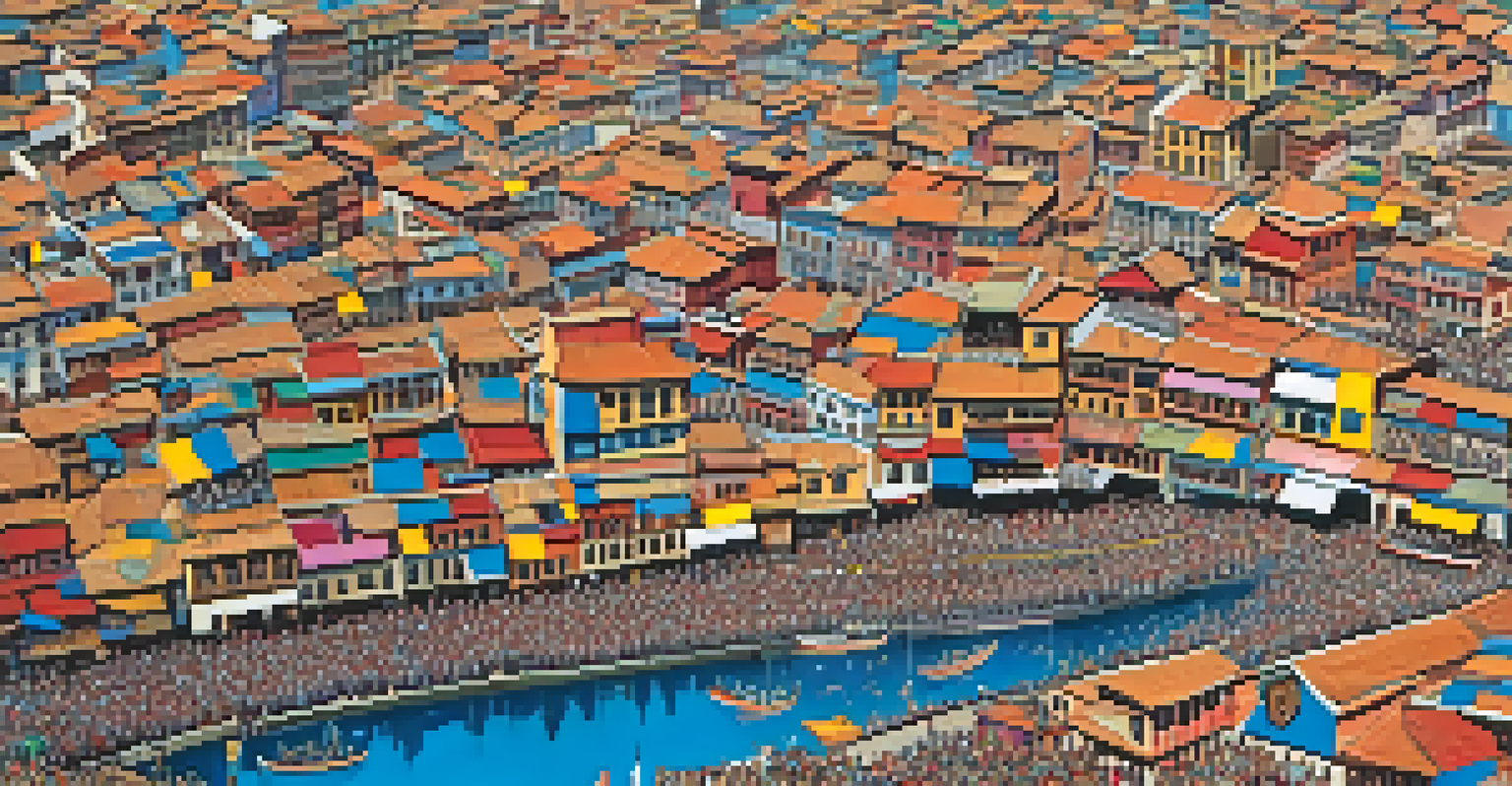 Aerial view of a colorful procession during the Festival of the Virgin of the Assumption in Puno, Peru, with crowds and decorations.