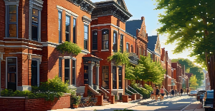 A historic neighborhood with preserved buildings and residents engaging with each other in warm sunlight.