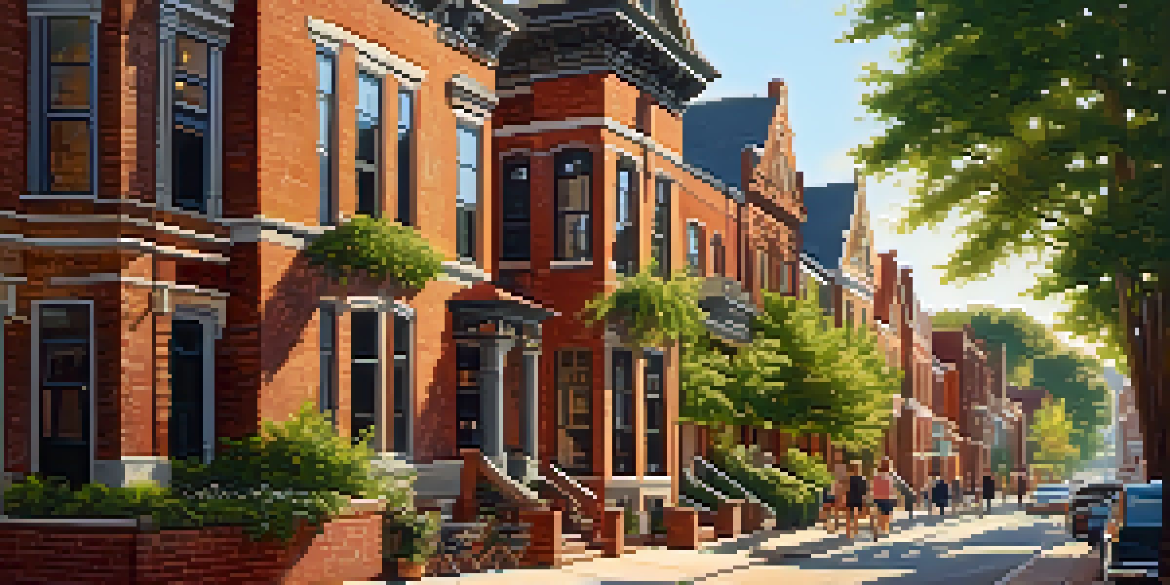A historic neighborhood with preserved buildings and residents engaging with each other in warm sunlight.