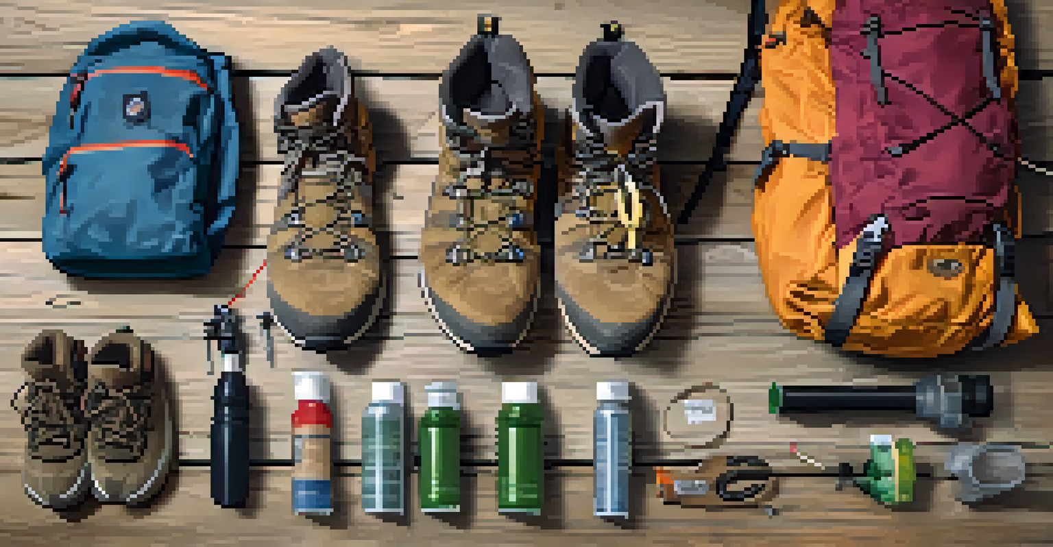 Essential hiking gear including boots, jacket, and a backpack arranged on a wooden table, illuminated by soft natural light.