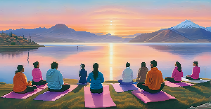 Participants engaged in yoga on the shores of Lake Titicaca at sunrise, with mist rising from the water and mountains in the background.