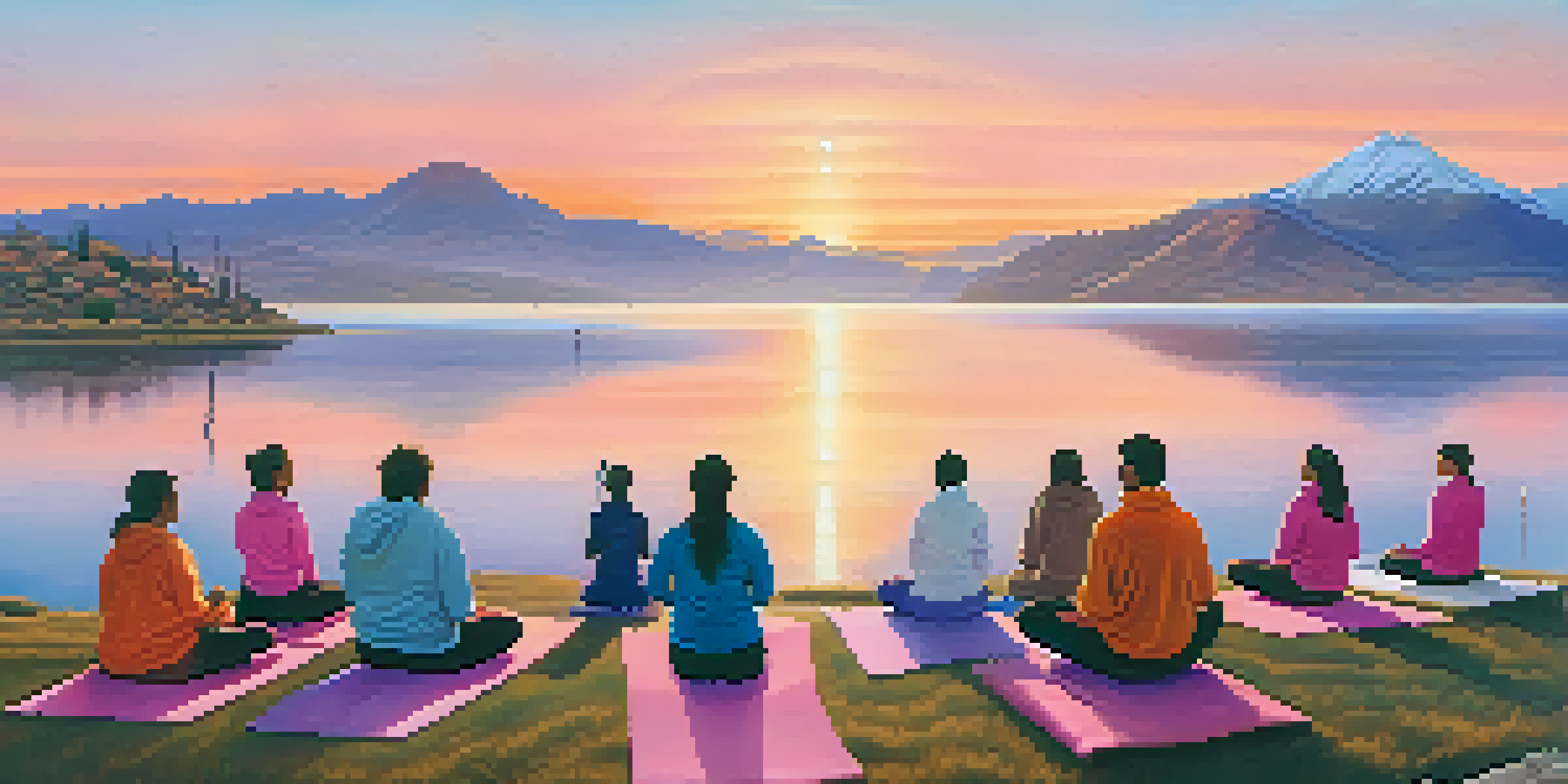 Participants engaged in yoga on the shores of Lake Titicaca at sunrise, with mist rising from the water and mountains in the background.