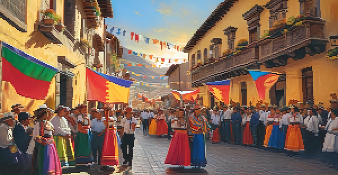 A lively street scene during the Corpus Christi festival in Cusco, filled with colorful decorations, traditional dancers, and food stalls under a warm sunset.