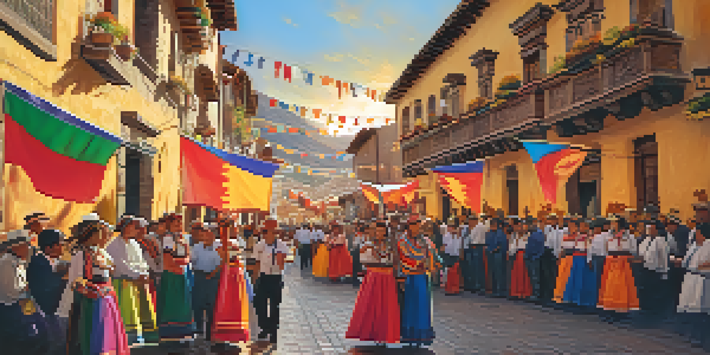 A lively street scene during the Corpus Christi festival in Cusco, filled with colorful decorations, traditional dancers, and food stalls under a warm sunset.