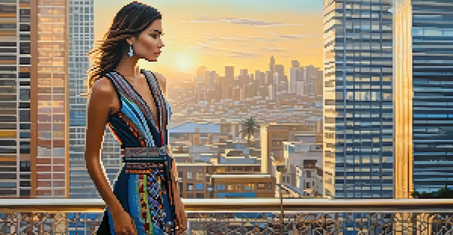 A model wearing a modern dress made from traditional Peruvian textiles, set against an urban skyline during sunset.
