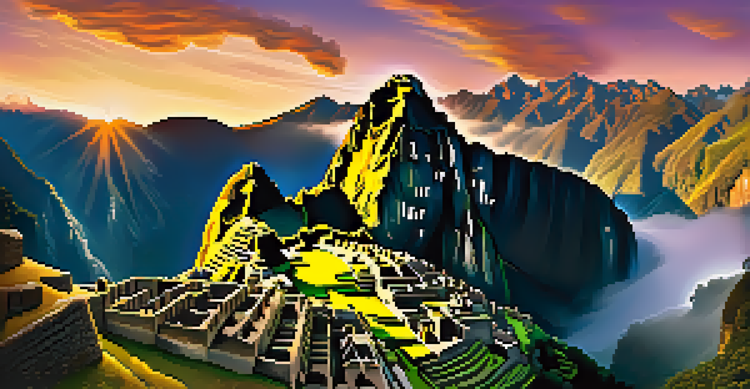 A breathtaking view of Machu Picchu at sunrise, with a family admiring the ancient ruins against a colorful sky.