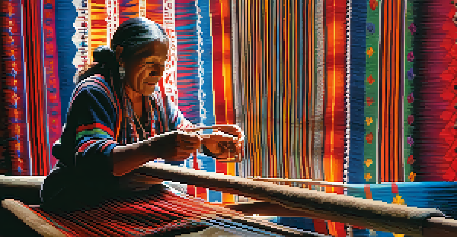 A Peruvian artisan weaving colorful traditional textiles on a loom, showcasing intricate patterns and vibrant colors.