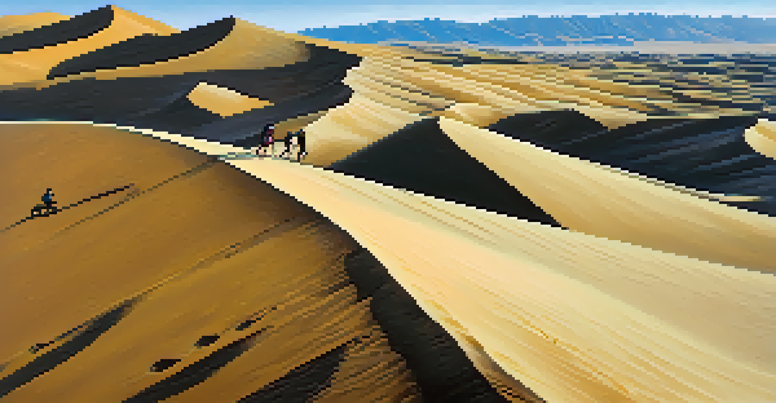 Tourists sandboarding down the steep dunes of Huacachina, with a vast desert and the oasis in the background under a bright blue sky.