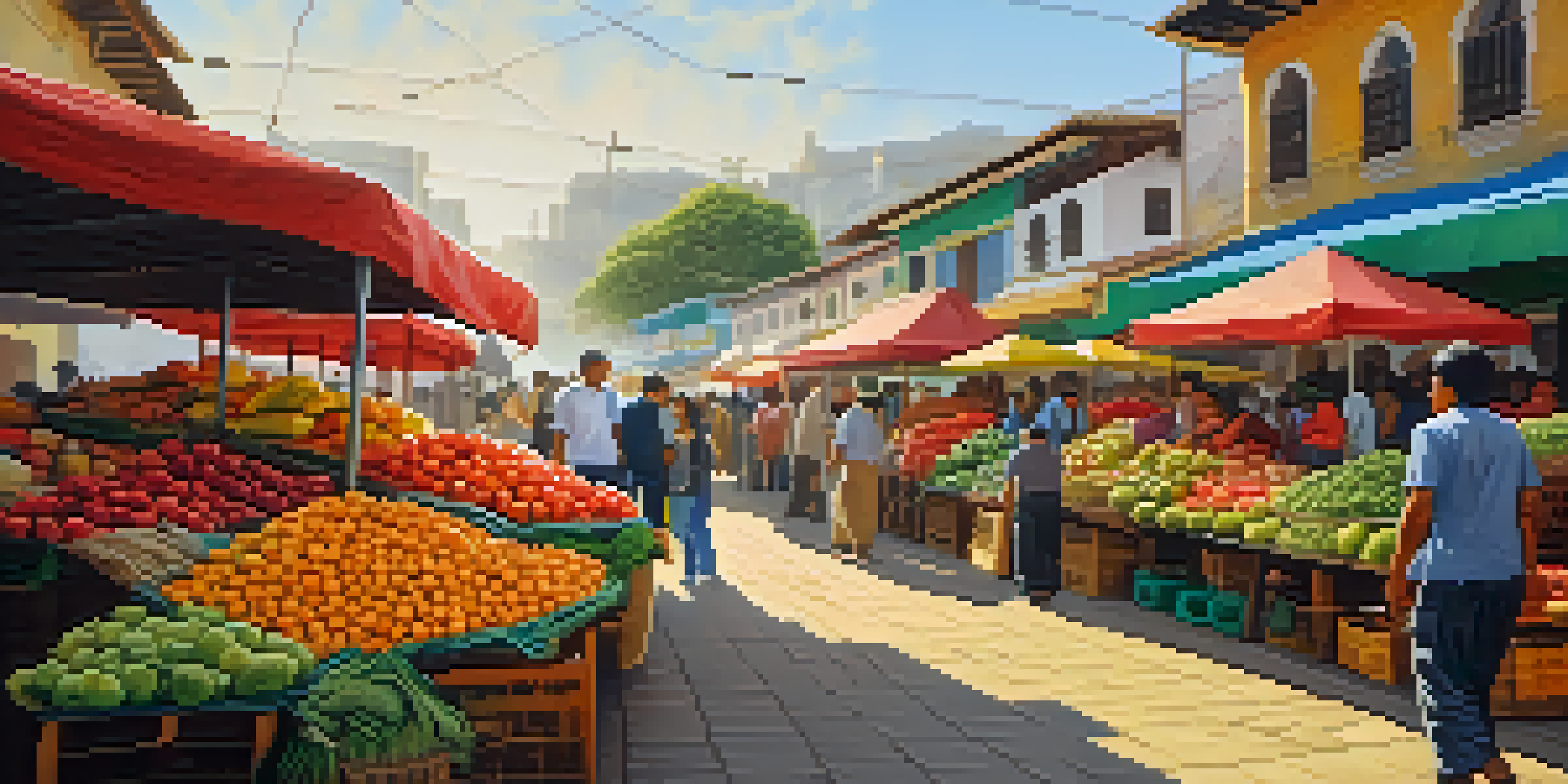 A bustling Peruvian market filled with colorful stalls of fruits and vegetables, with people chatting and enjoying the lively environment.