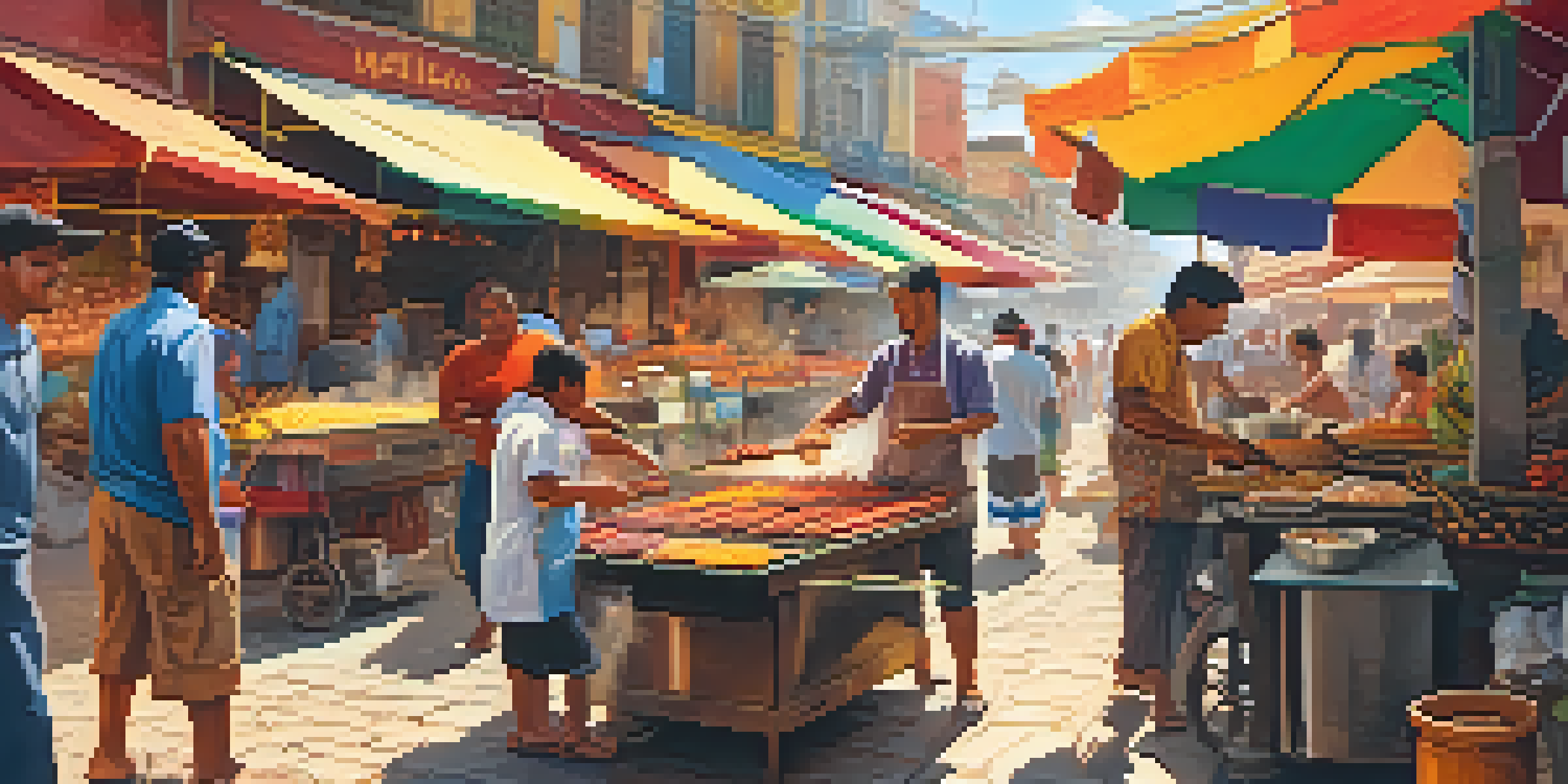 A street vendor grilling anticuchos skewers with boiled corn in a bustling market setting.