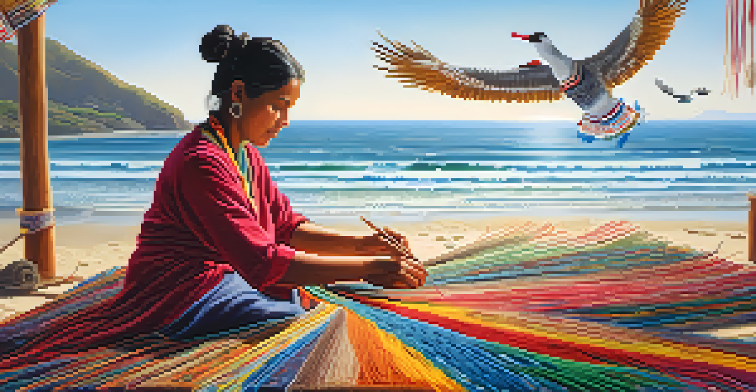 A local artisan weaving textiles on the beach, surrounded by the beautiful coastline of Peru and colorful threads.