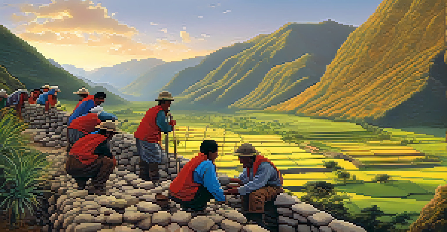 Andean builders working on a stone wall using traditional techniques, set in a beautiful valley during sunset.