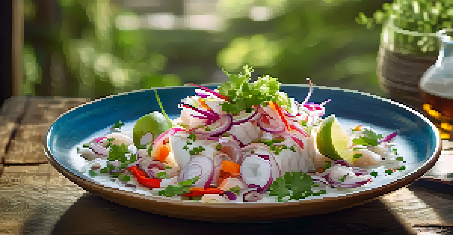 A beautifully presented plate of ceviche with fresh fish, lime, onions, and peppers, set on a rustic table surrounded by greenery.