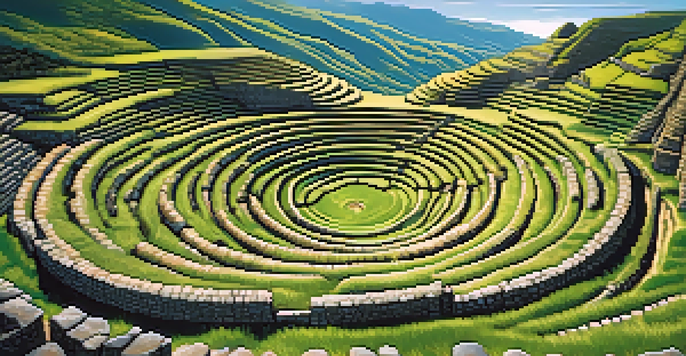 Aerial view of the terraced farming site of Moray with circular depressions and lush greenery, surrounded by mountains under a clear blue sky.